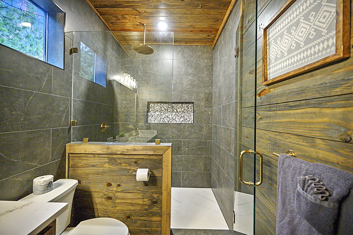 Master bathroom glass walk-in shower and water closet
